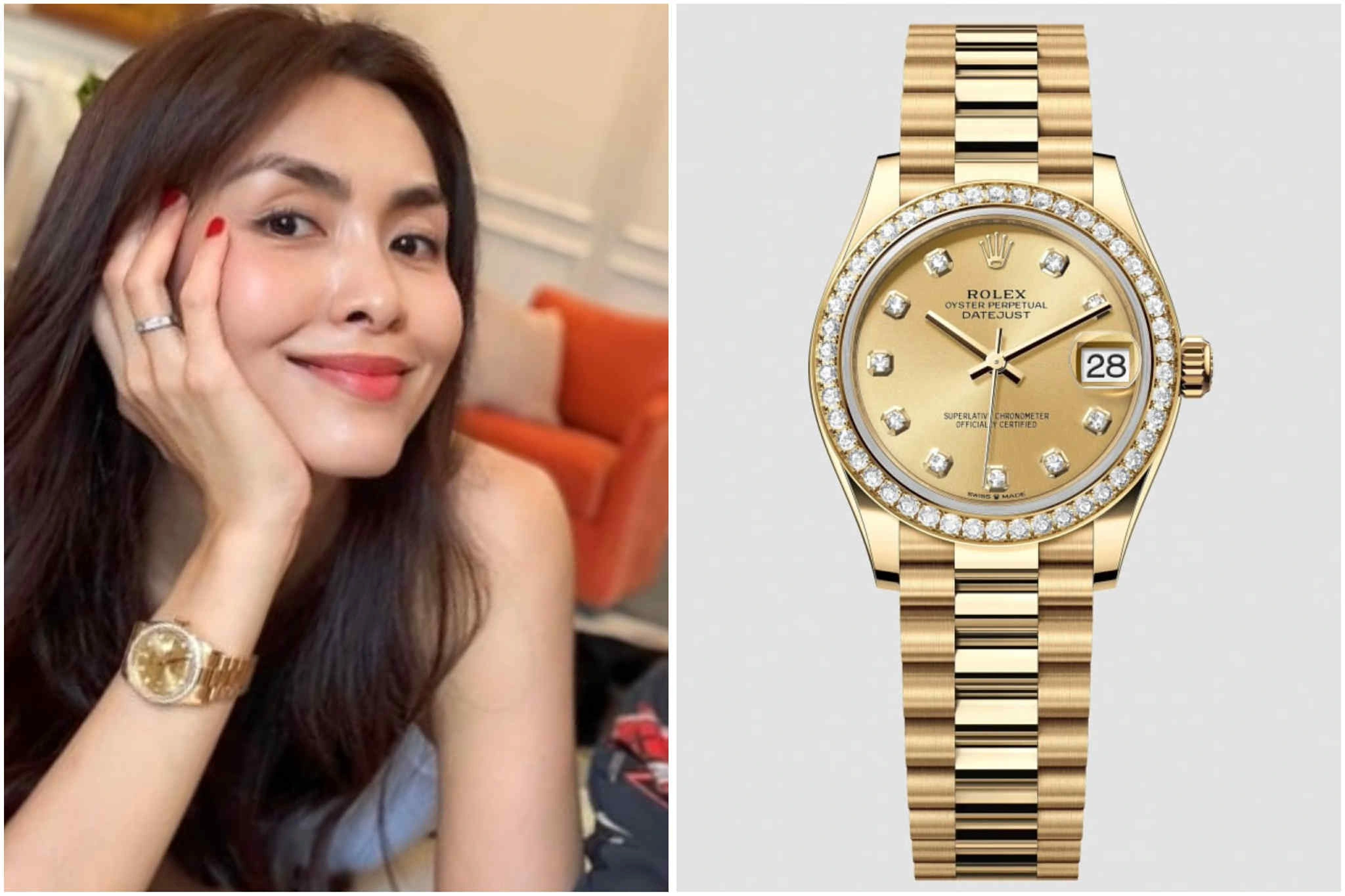 Bên cạnh Patek Philippe, Tăng Thanh Hà còn sở hữu Rolex Oyster Perpetual Datejust đính kim cương trị giá gần 1,4 tỷ đồng.